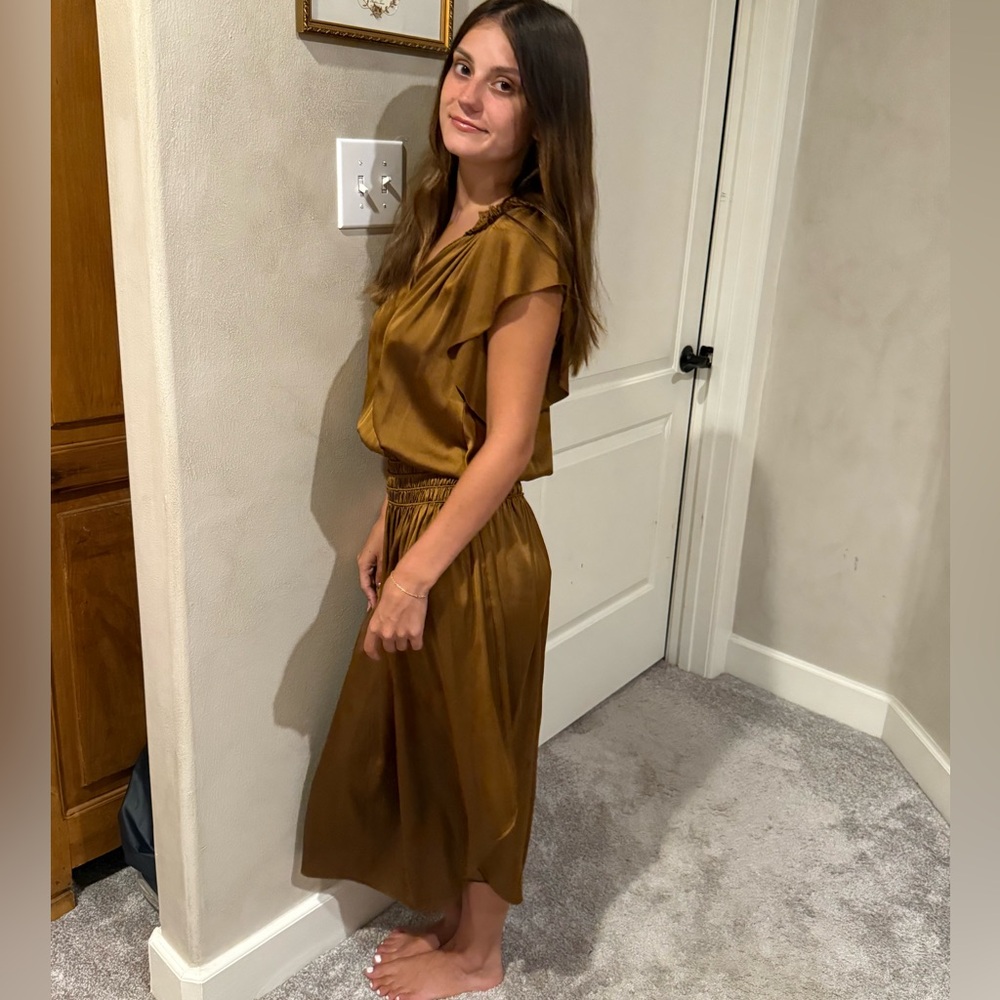 Ramy Brook Wrenn Dress in Metallic Copper Satin Midi Dress Size: Small
